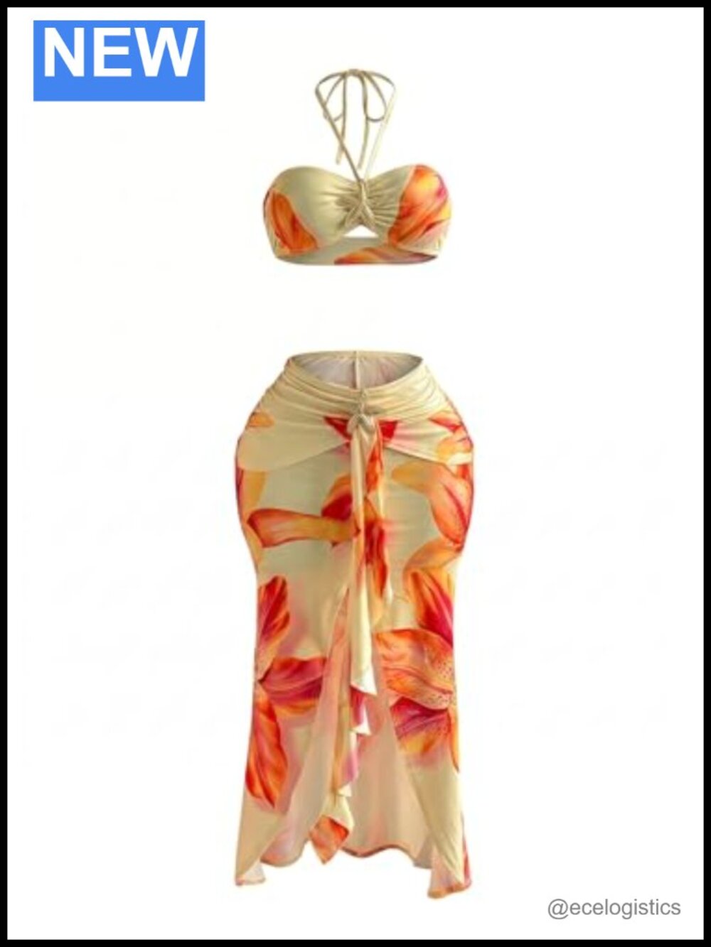 Verdusa 2 Piece Floral Halter Crop Top & Slit Ruffle Skirt Set Polyester